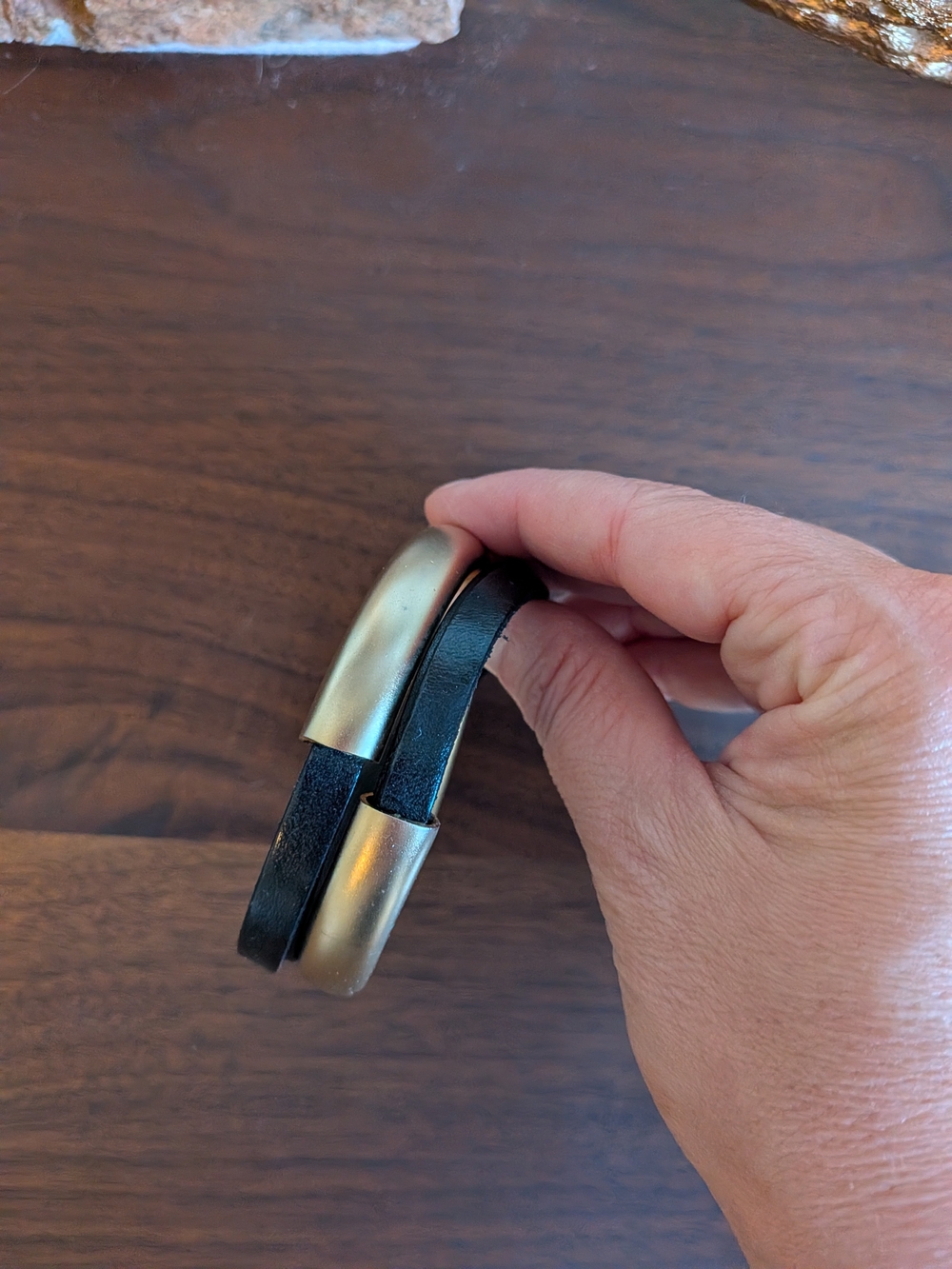 Women's Black Leather Bracelet with Gold Accent
